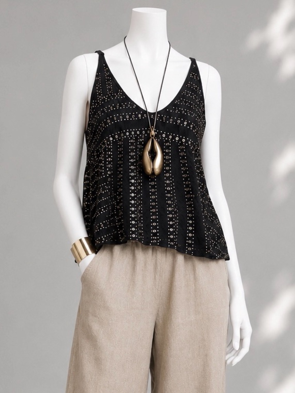 Free People Beaded Swing Tank Black Gold Art Deco Boho Whimsigoth Cami Top XS